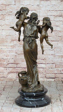 Signed Moreau Young Lady With Two Angels Bronze Sculpture