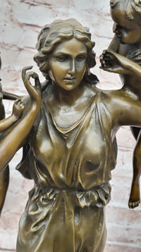 Signed Moreau Young Lady With Two Angels Bronze Sculpture