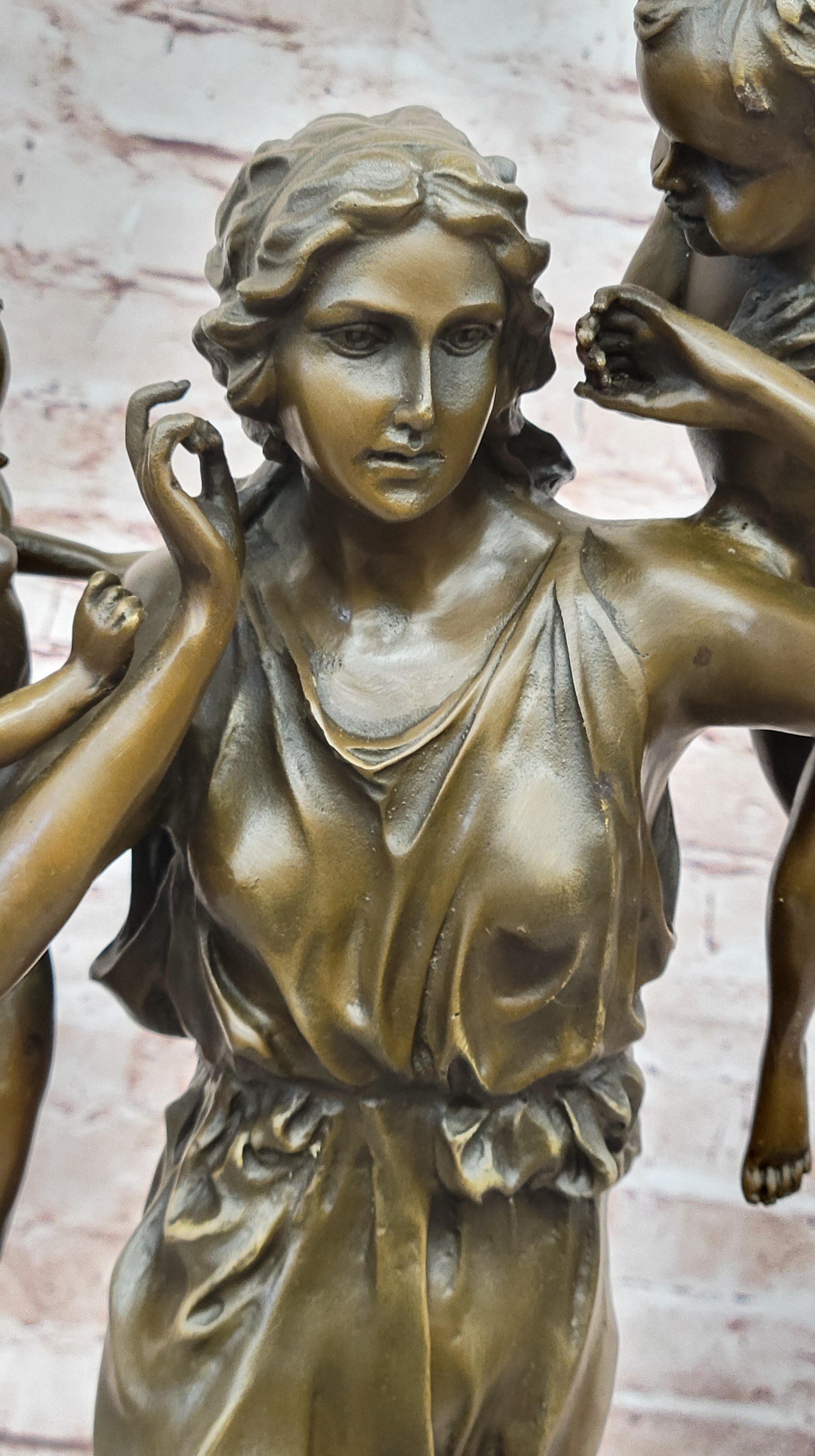 Signed Moreau Young Lady With Two Angels Bronze Sculpture