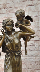 Signed Moreau Young Lady With Two Angels Bronze Sculpture