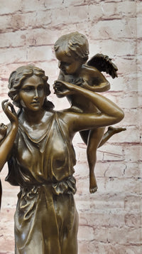 Signed Moreau Young Lady With Two Angels Bronze Sculpture