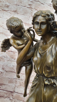 Signed Moreau Young Lady With Two Angels Bronze Sculpture