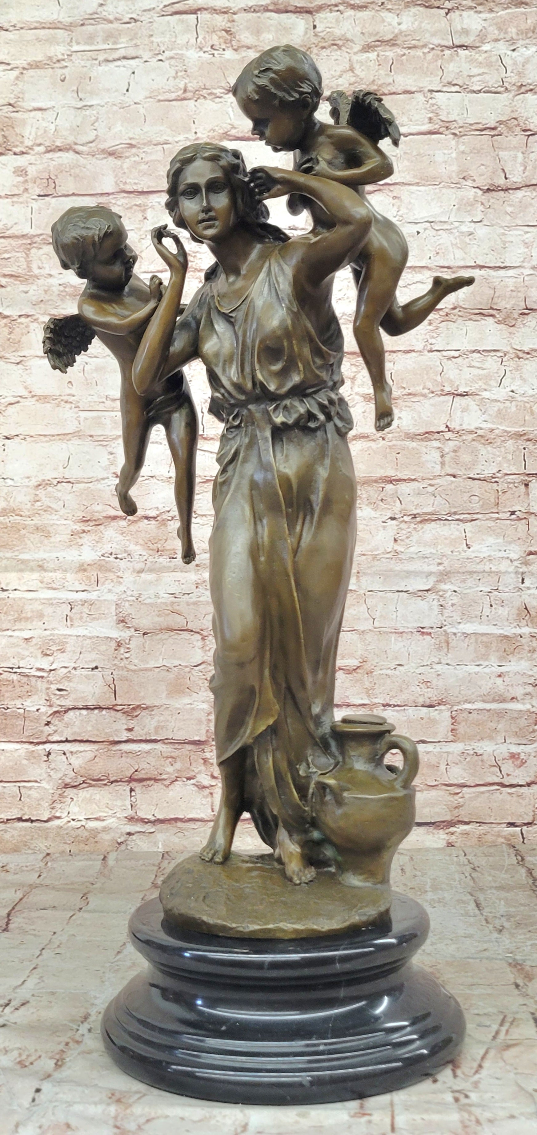 Signed Moreau Young Lady With Two Angels Bronze Sculpture