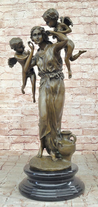Signed Moreau Young Lady With Two Angels Bronze Sculpture