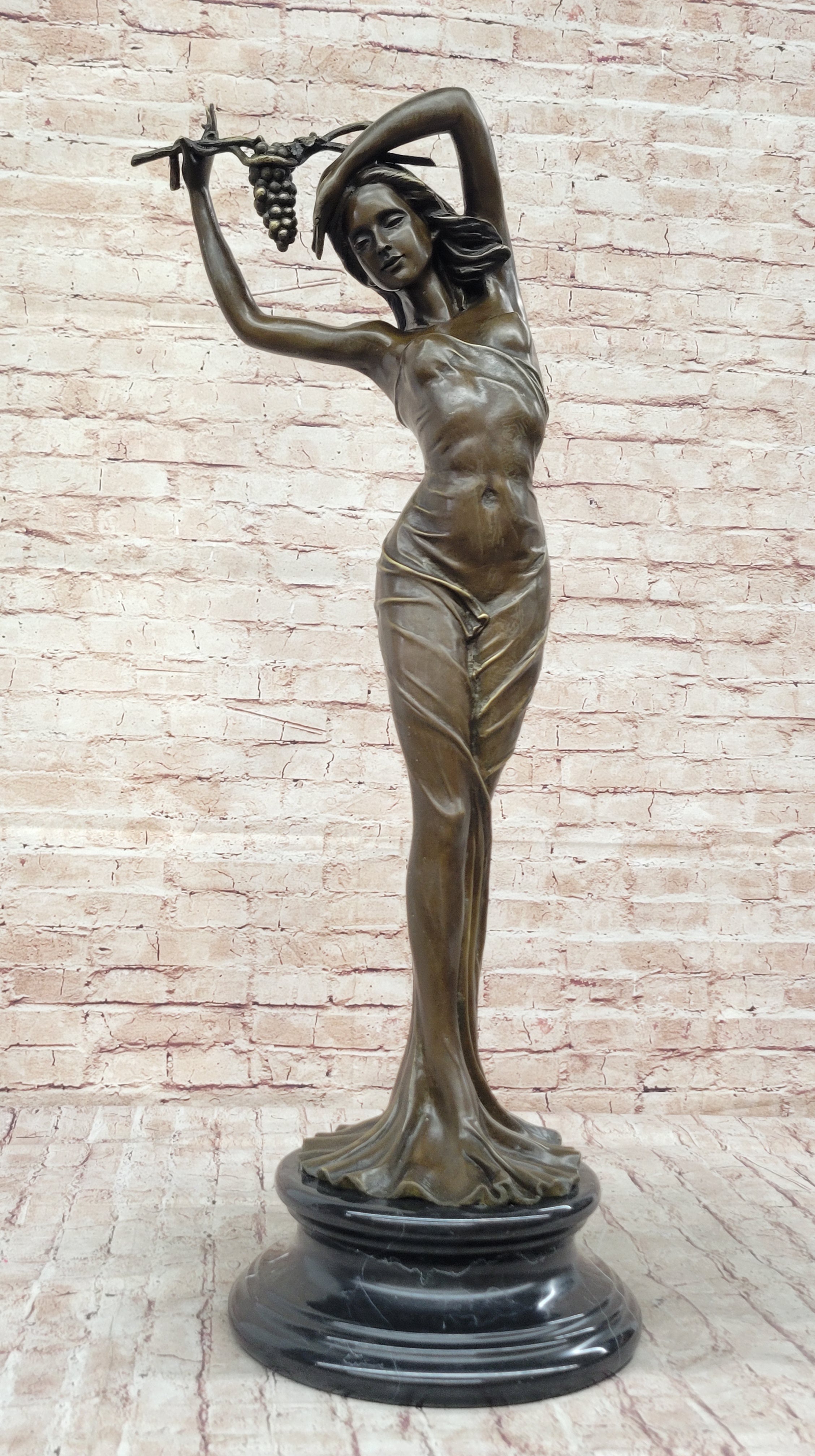 Nude Female Figure Sexy Girl Stretching Grapes Vineyard Wine Bronze Sculpture Statue Decor Original Art