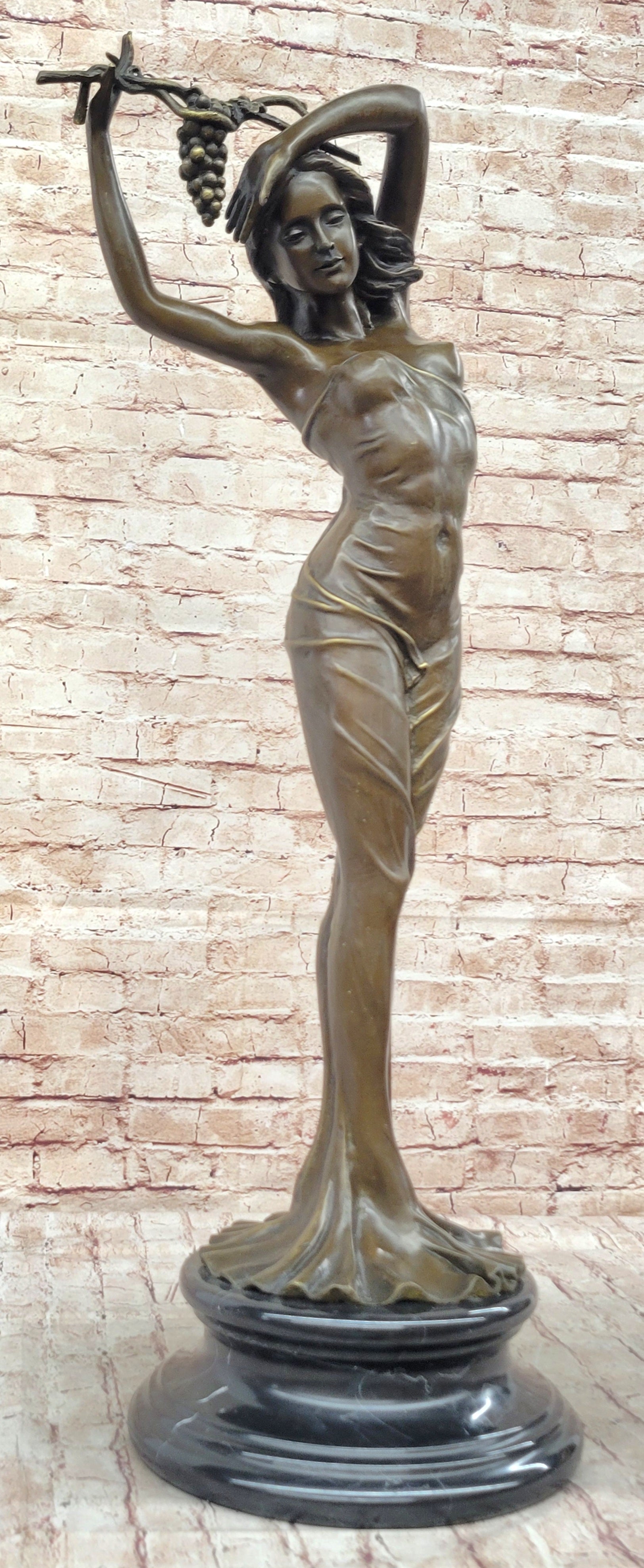Nude Female Figure Sexy Girl Stretching Grapes Vineyard Wine Bronze Sculpture Statue Decor Original Art