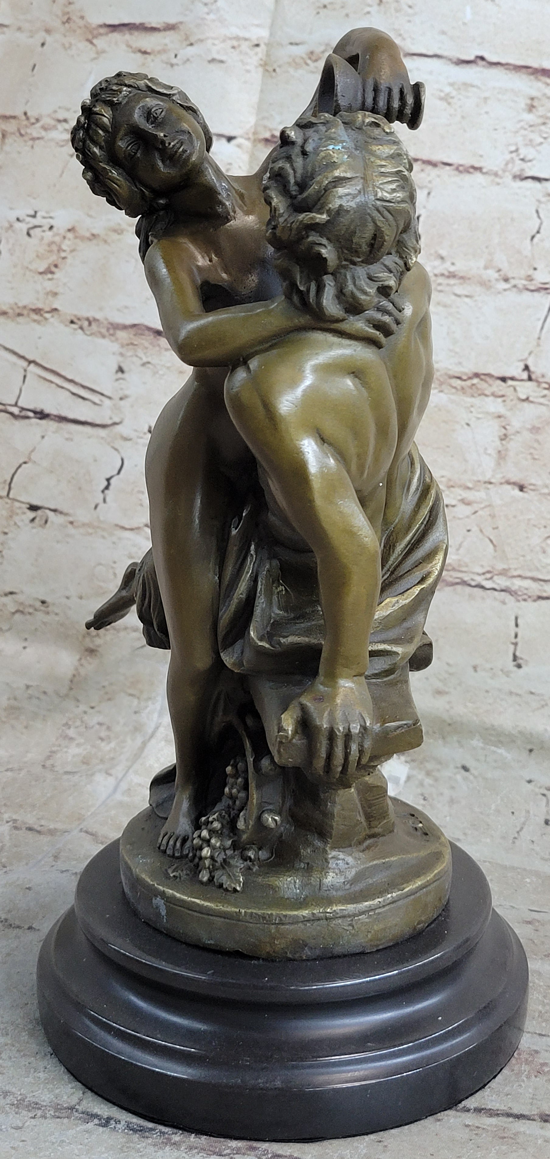Nude Art Nude Nymph with Satyr Bronze Sculpture Marble Base