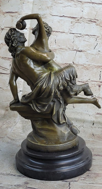 Nude Art Nude Nymph with Satyr Bronze Sculpture Marble Base
