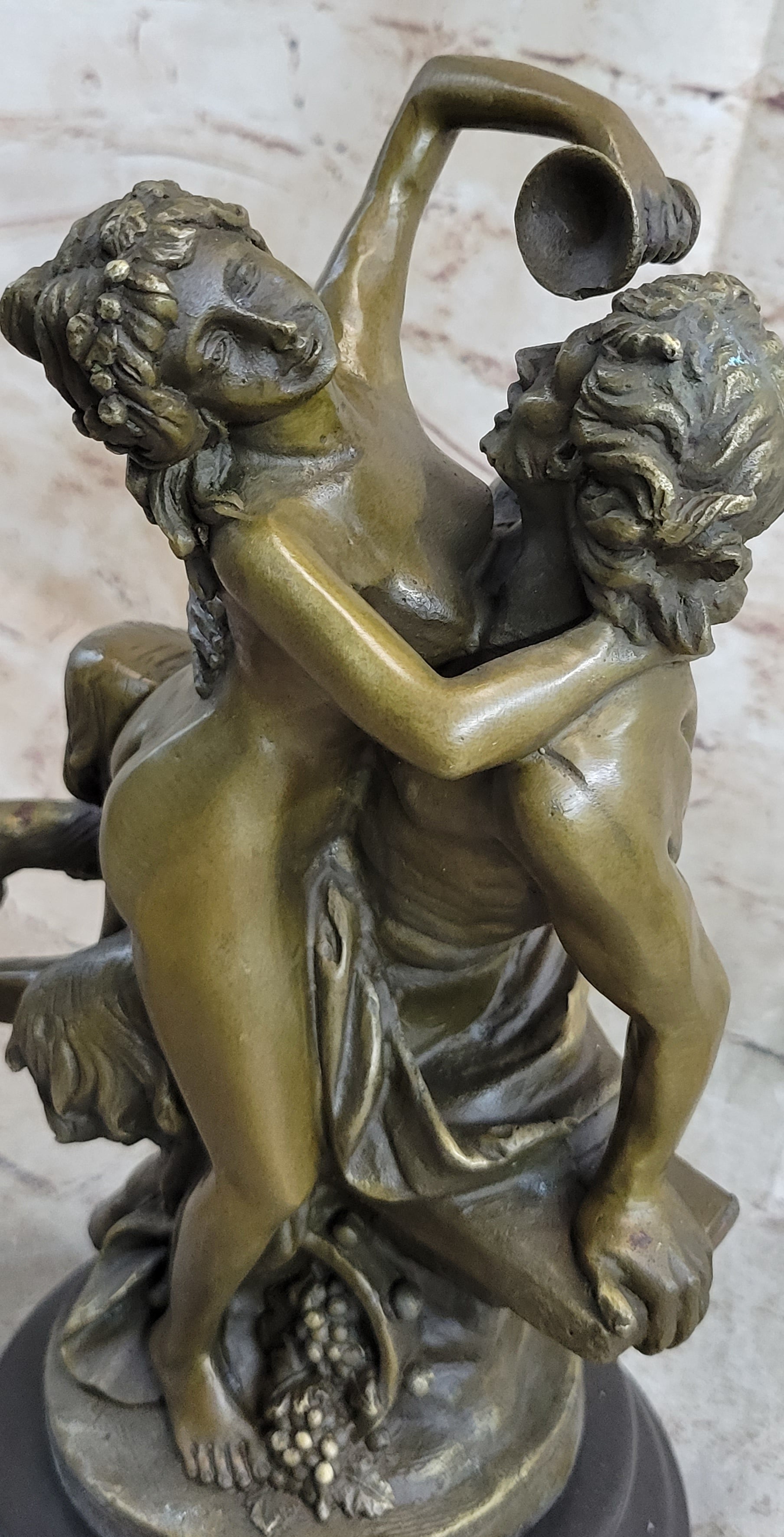Nude Art Nude Nymph with Satyr Bronze Sculpture Marble Base