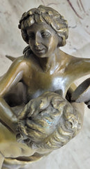 Nude Art Nude Nymph with Satyr Bronze Sculpture Marble Base