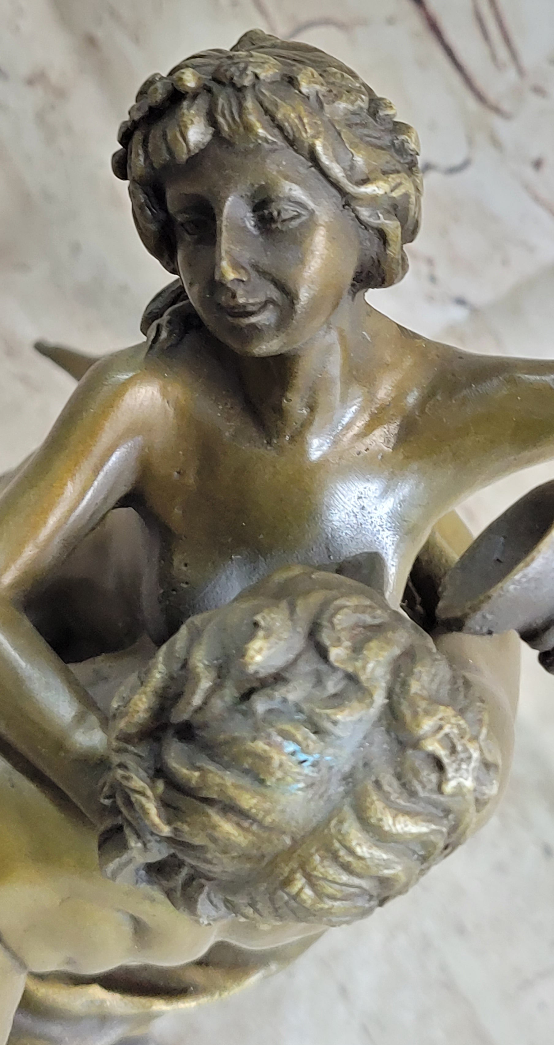 Nude Art Nude Nymph with Satyr Bronze Sculpture Marble Base