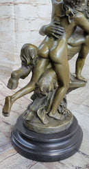 Nude Art Nude Nymph with Satyr Bronze Sculpture Marble Base