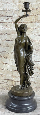 Greek Roman Woman Candle Holder Bronze Sculpture Art