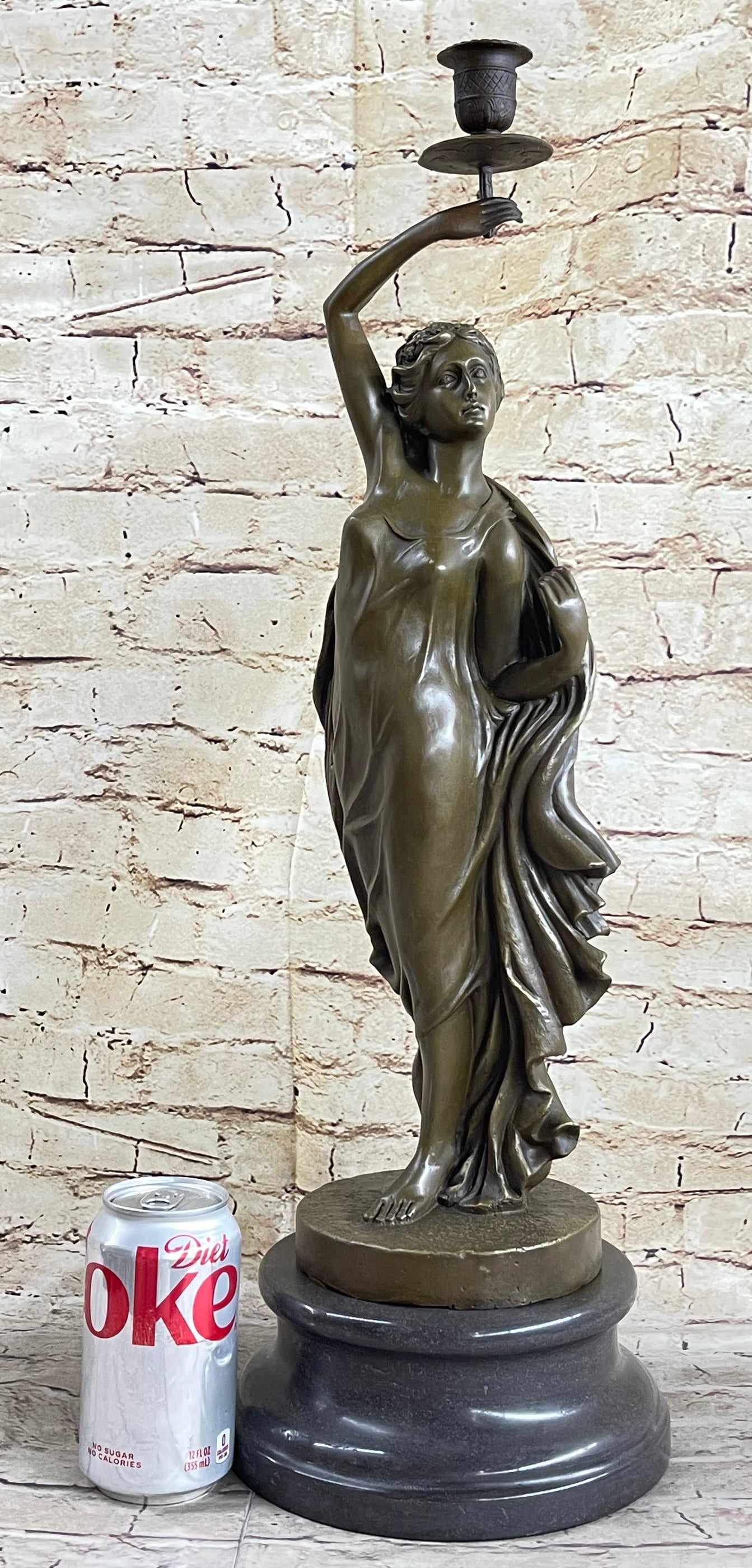 Greek Roman Woman Candle Holder Bronze Sculpture Art