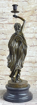 Greek Roman Woman Candle Holder Bronze Sculpture Art