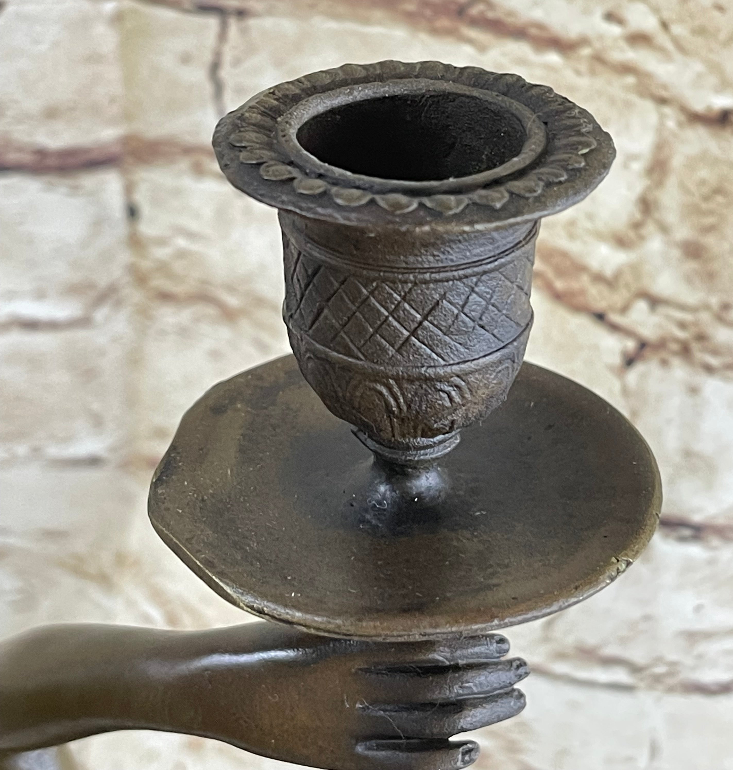 Greek Roman Woman Candle Holder Bronze Sculpture Art