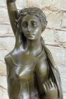 Greek Roman Woman Candle Holder Bronze Sculpture Art