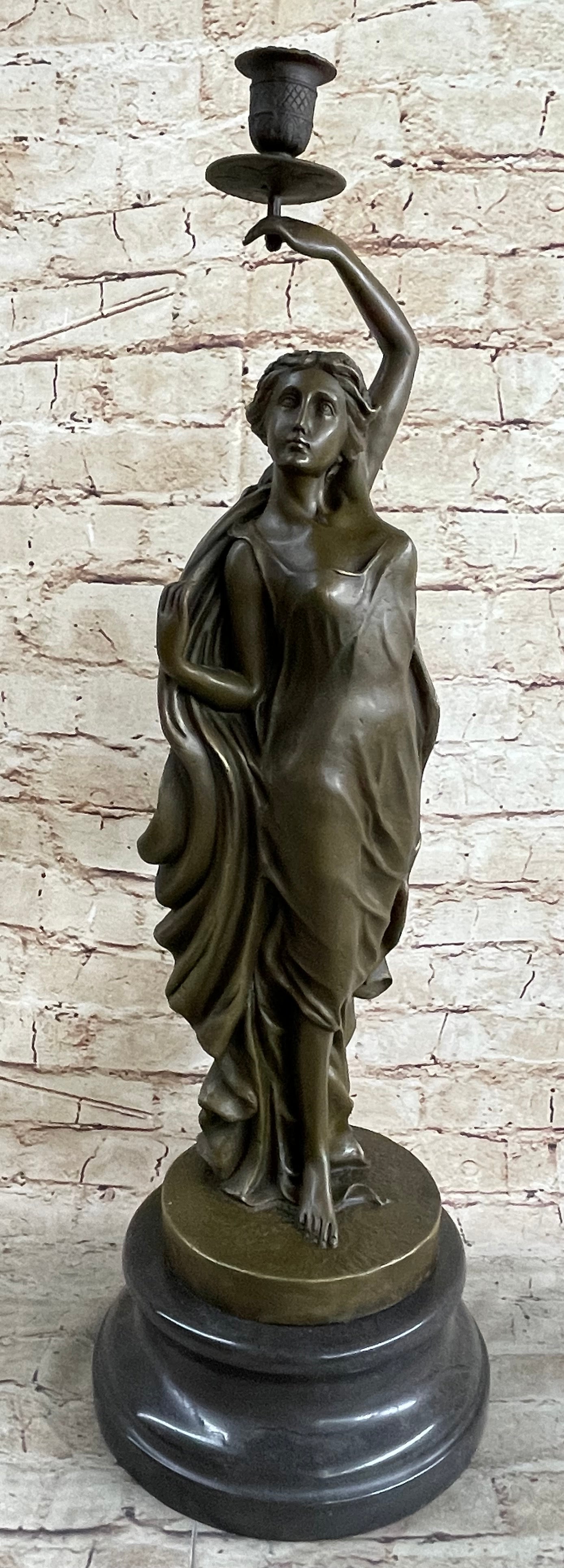 Greek Roman Woman Candle Holder Candelabra Bronze Sculpture