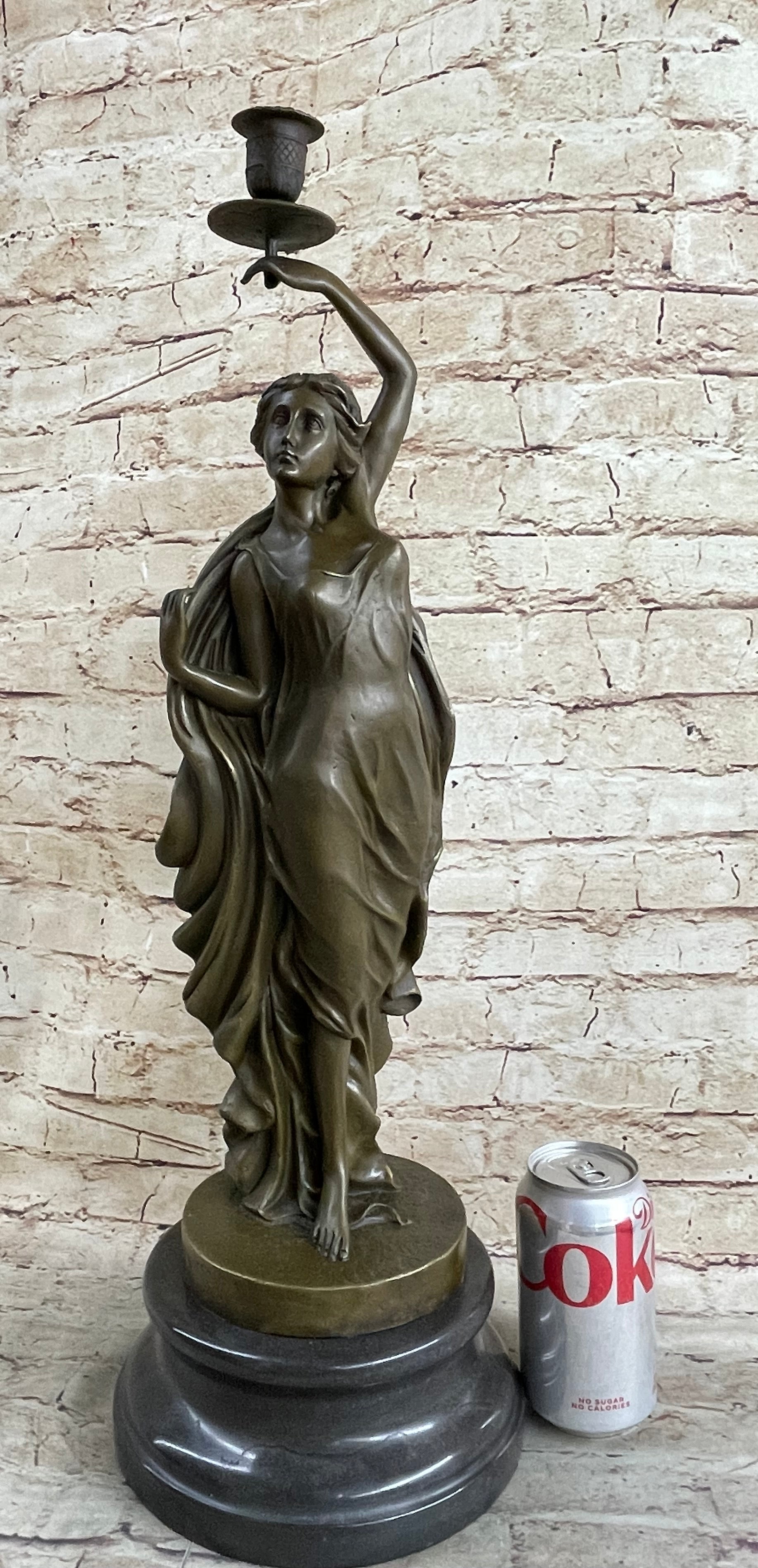 Greek Roman Woman Candle Holder Candelabra Bronze Sculpture