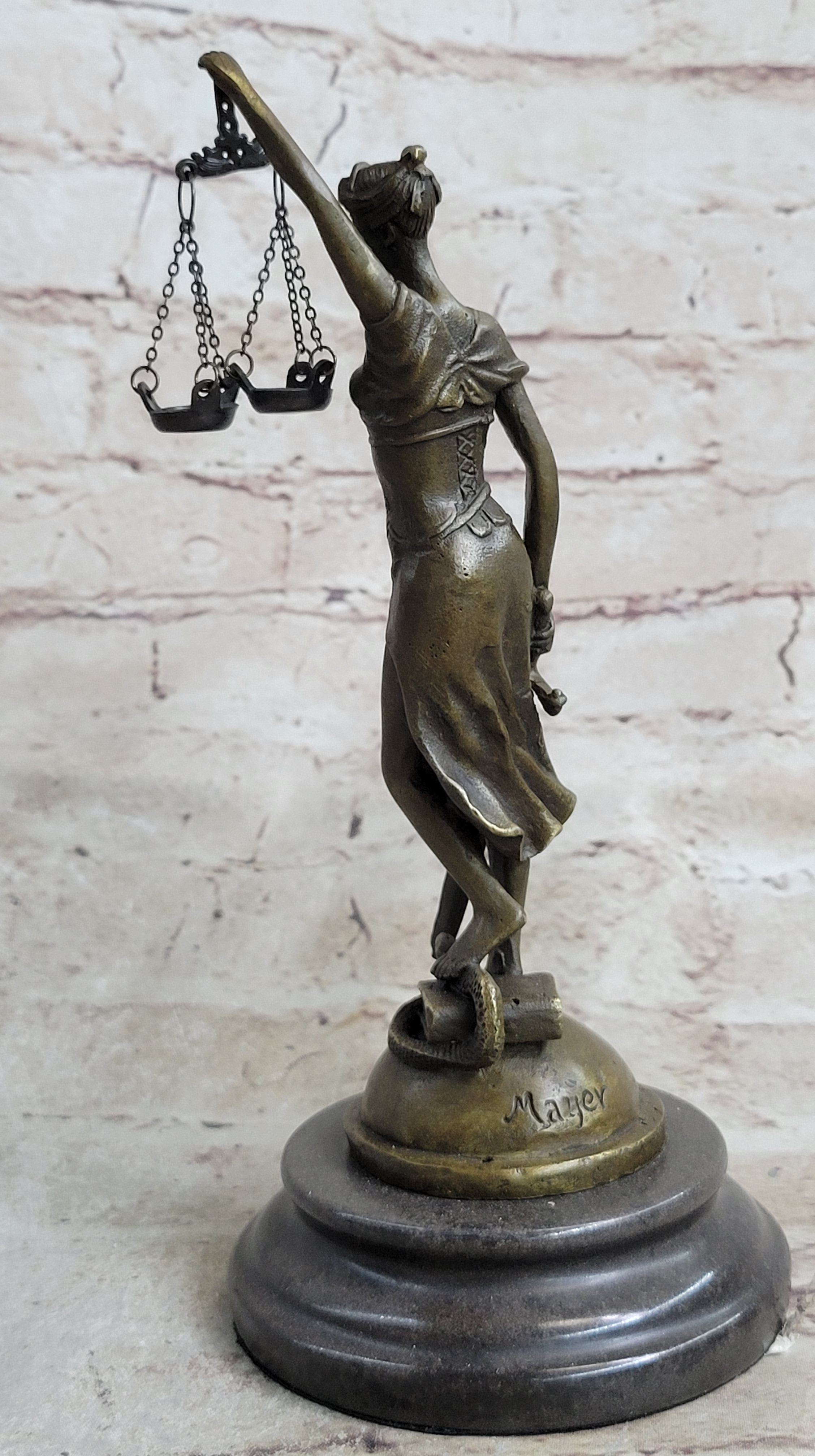 Signed Mayer Lawyer Blind Justice Bronze Law Sculpture