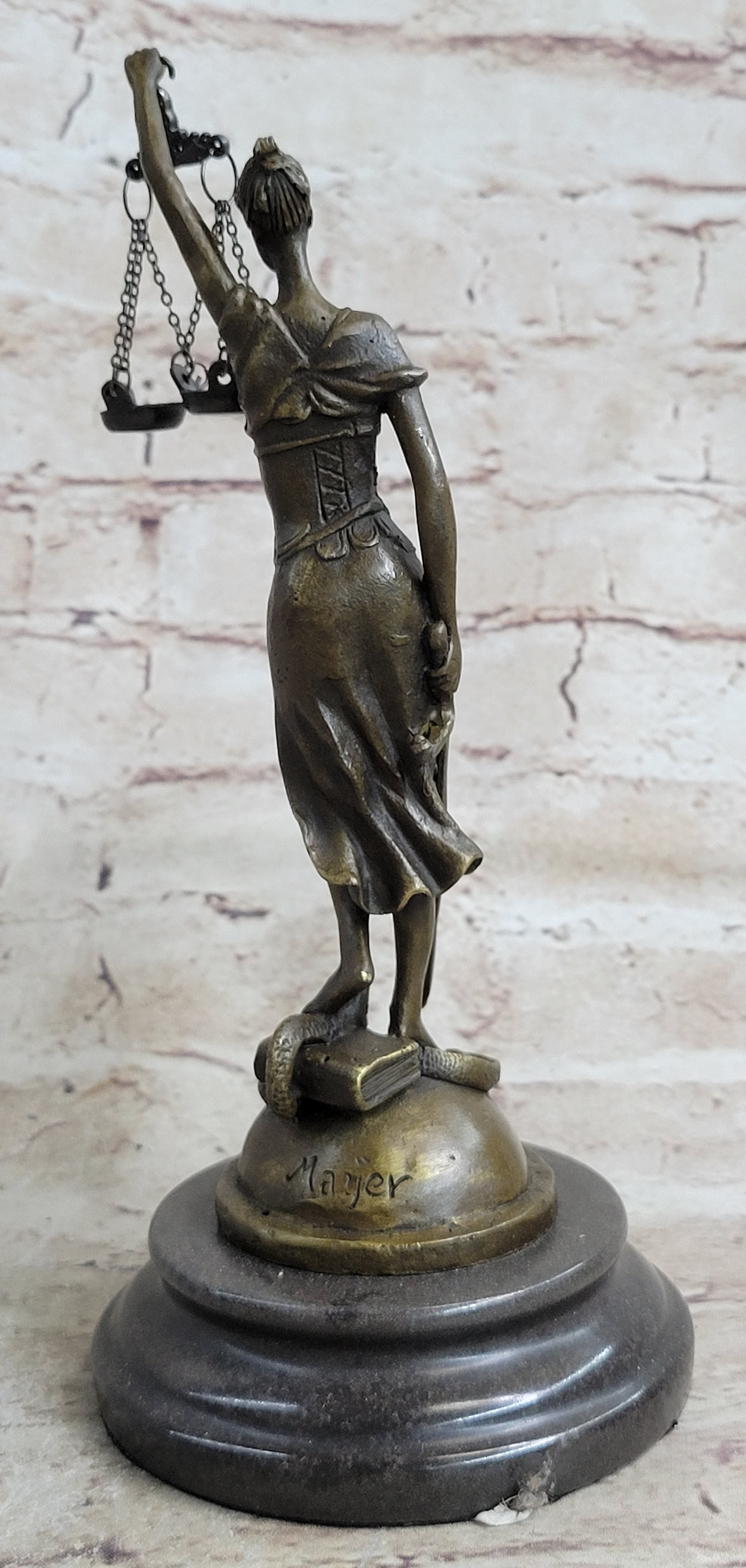 Signed Mayer Lawyer Blind Justice Bronze Law Sculpture