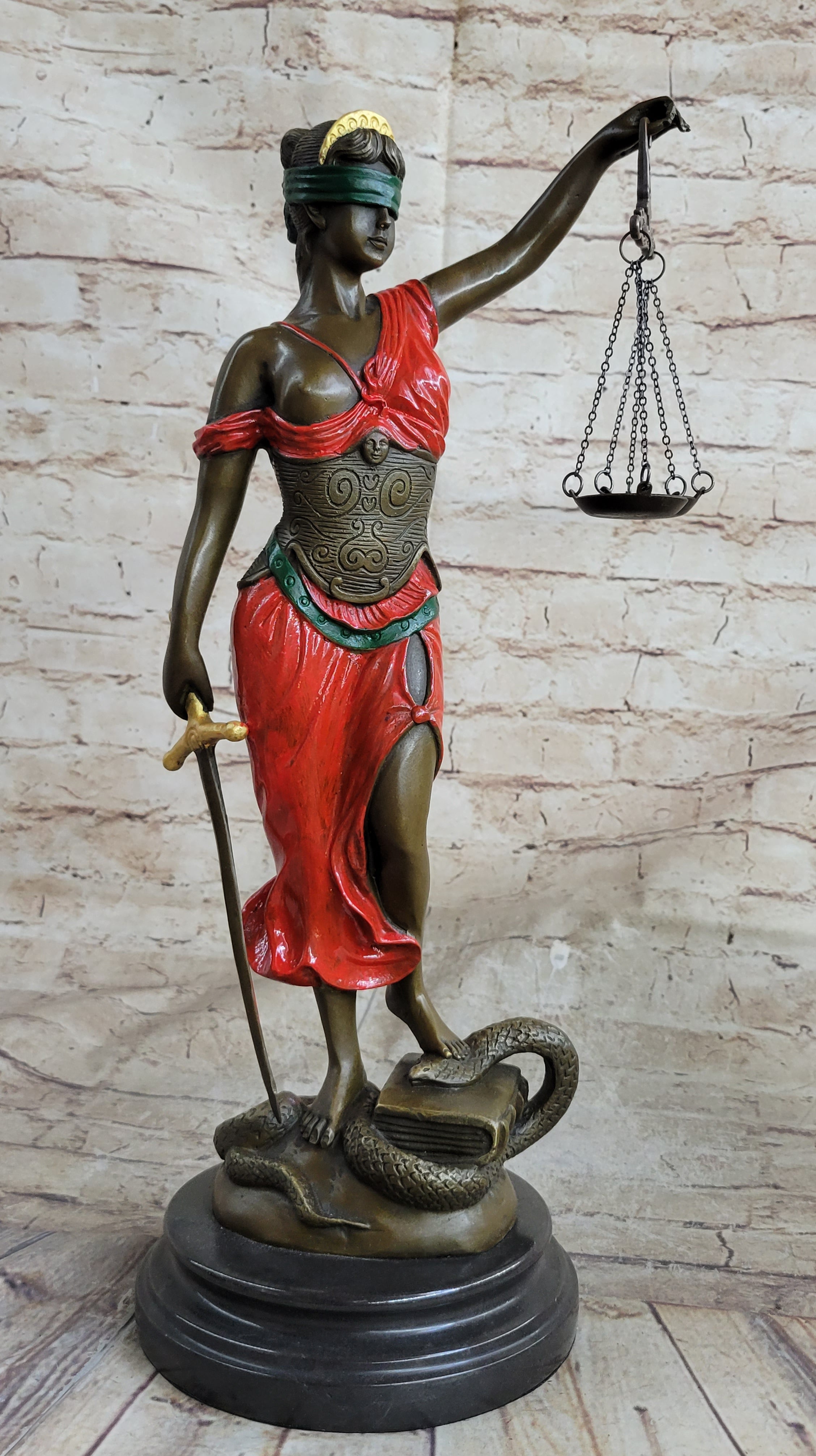 Red Lady Justice Bronze – Blindfolded Woman with Scales & Sword