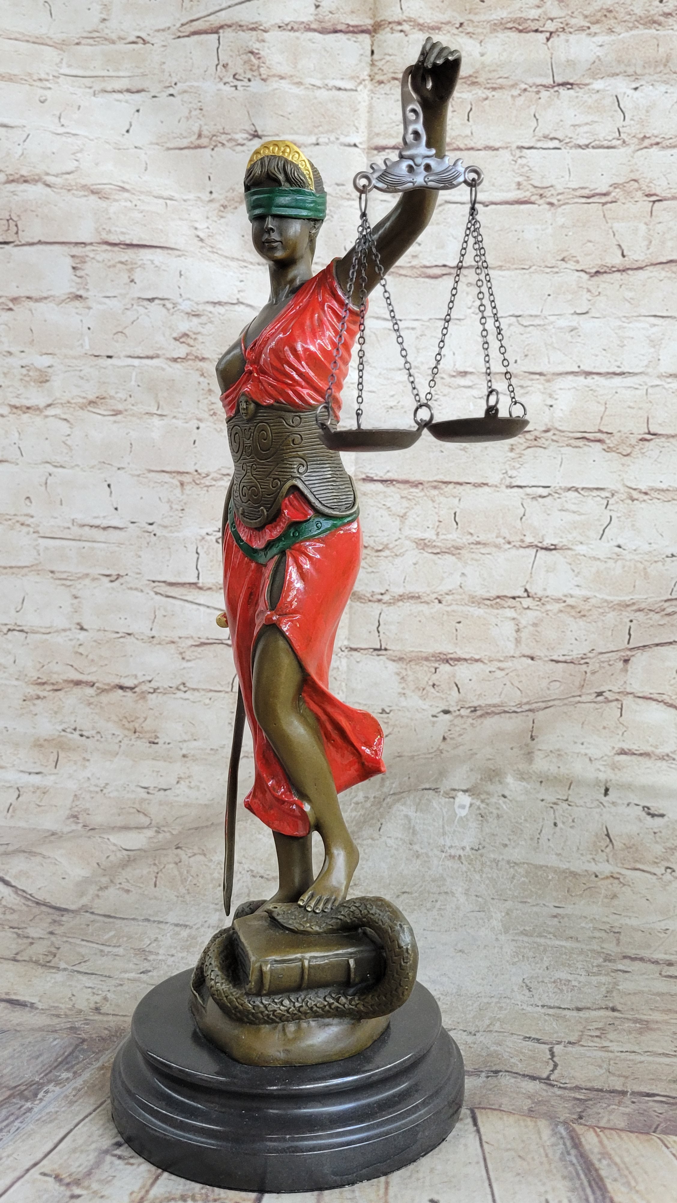 Red Lady Justice Bronze – Blindfolded Woman with Scales & Sword