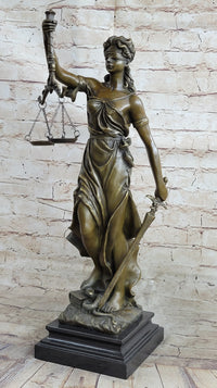 Real Bronze Metal Statue with Marble Lady Blind Justice Scales Lawyer Sculpture
