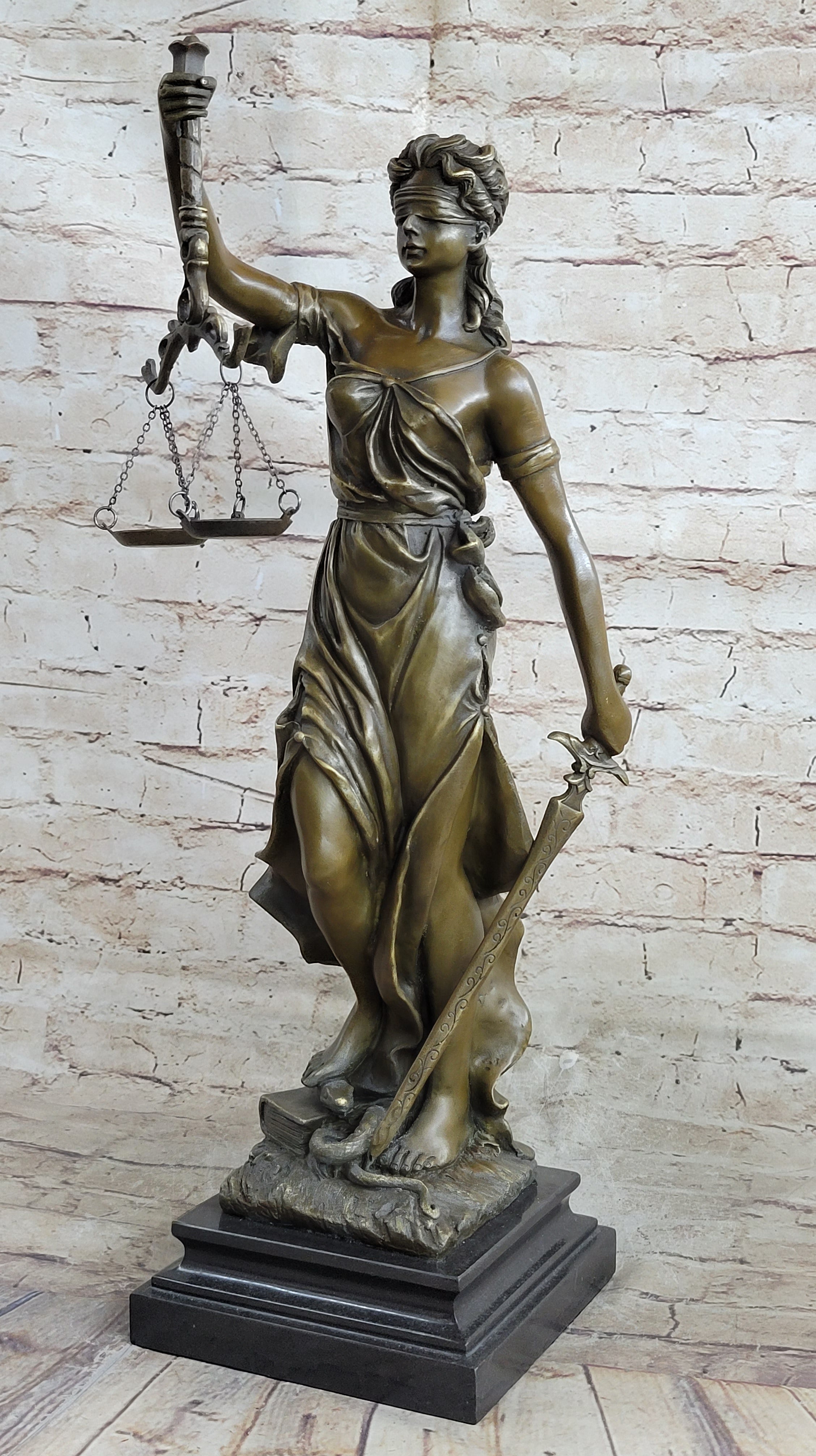 Real Bronze Metal Statue with Marble Lady Blind Justice Scales Lawyer Sculpture
