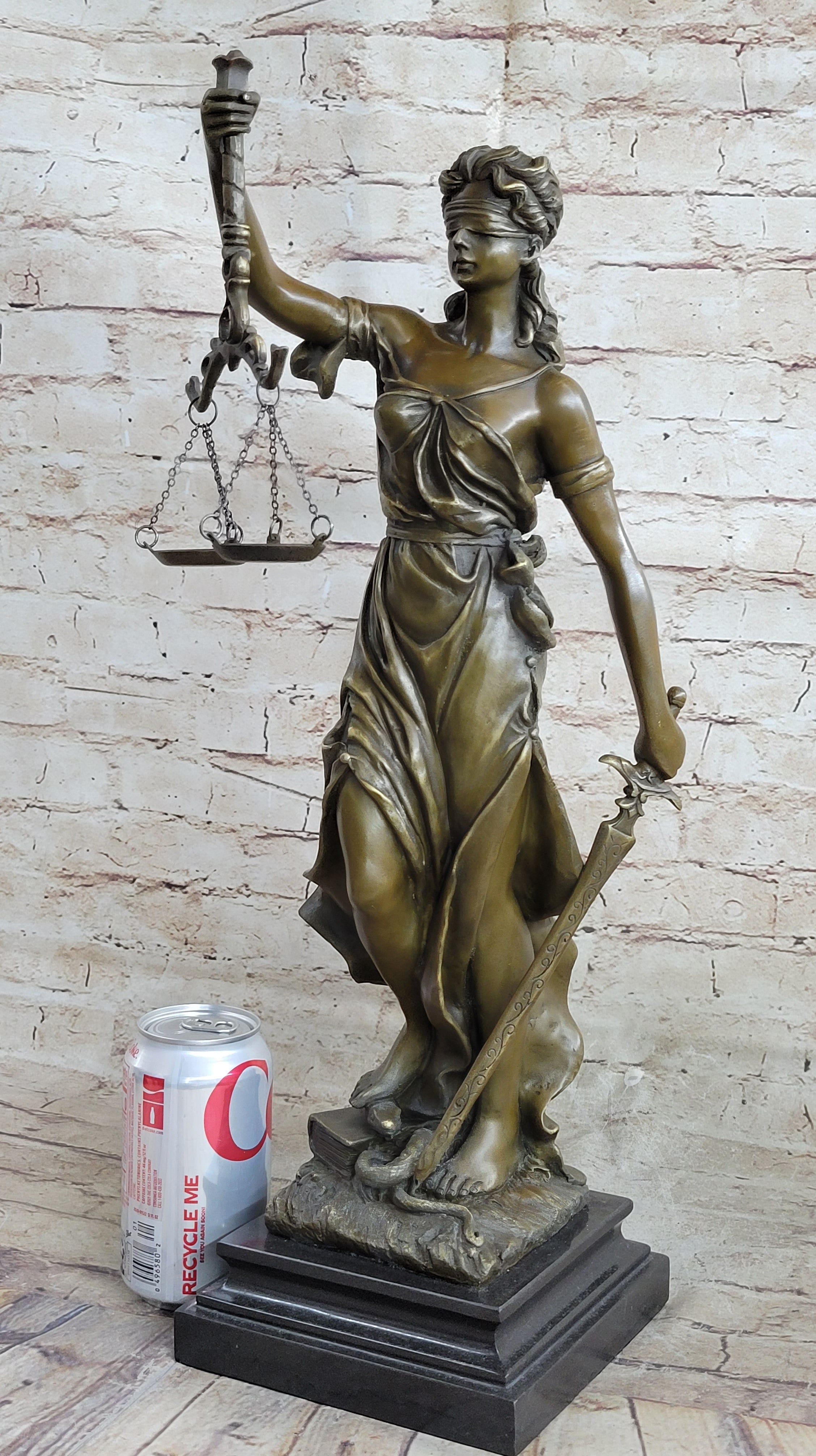 Real Bronze Metal Statue with Marble Lady Blind Justice Scales Lawyer Sculpture