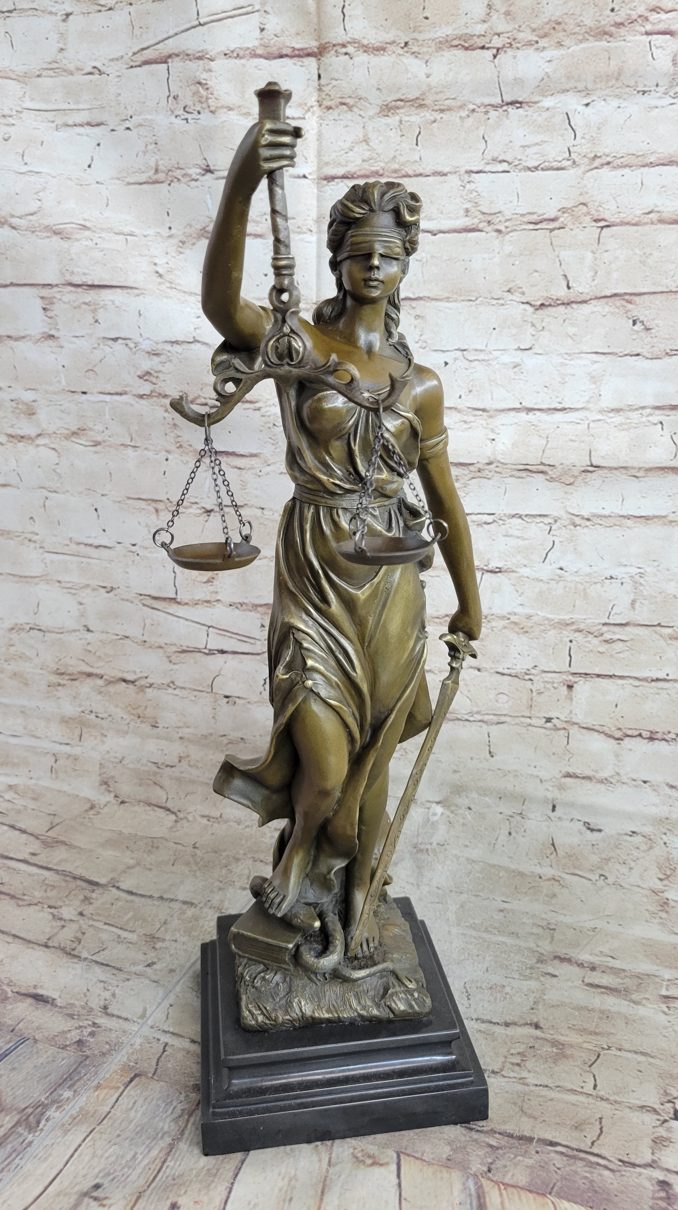 Real Bronze Metal Statue with Marble Lady Blind Justice Scales Lawyer Sculpture