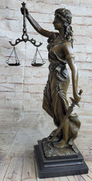 Real Bronze Metal Statue with Marble Lady Blind Justice Scales Lawyer Sculpture