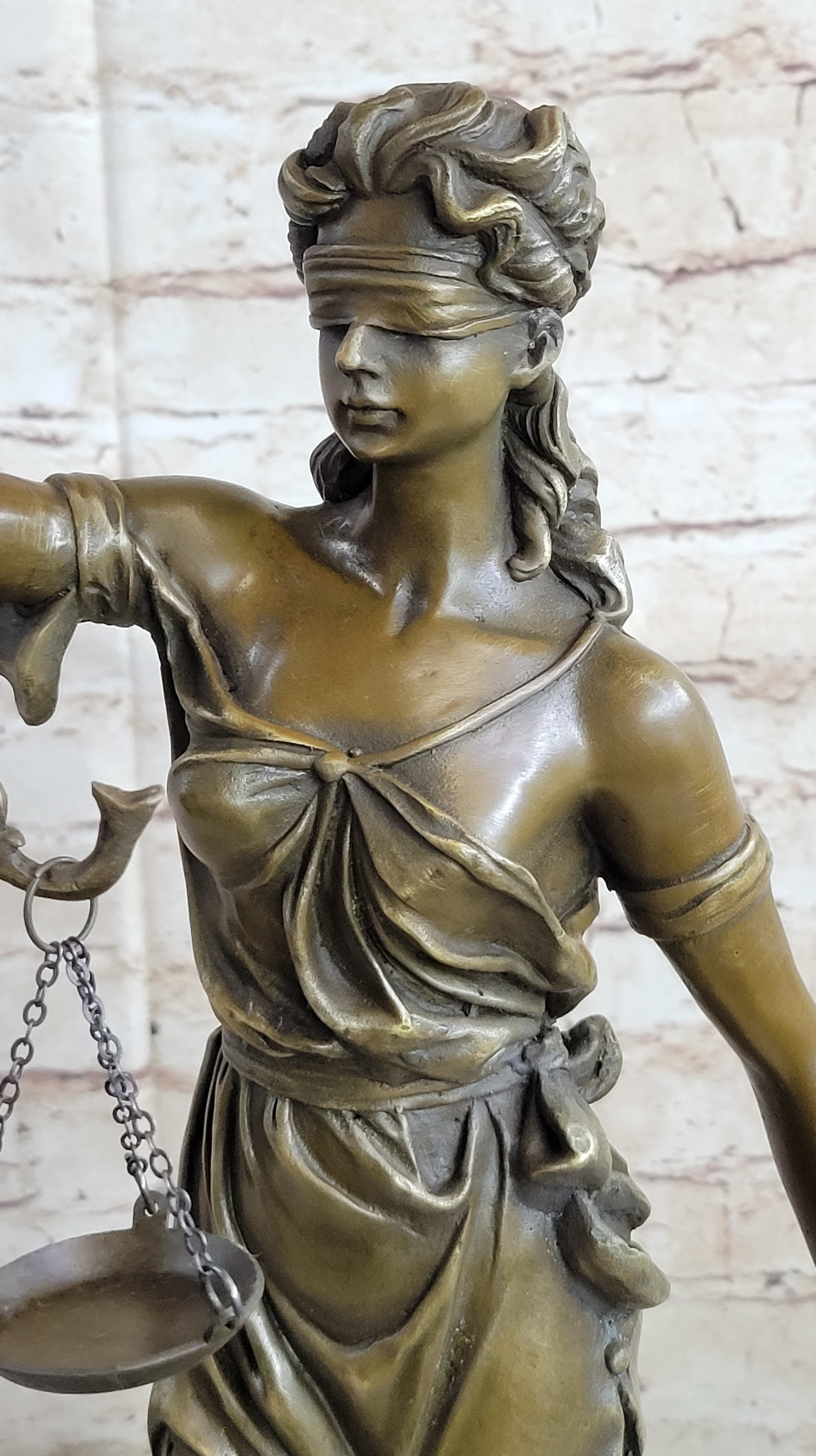 Real Bronze Metal Statue with Marble Lady Blind Justice Scales Lawyer Sculpture