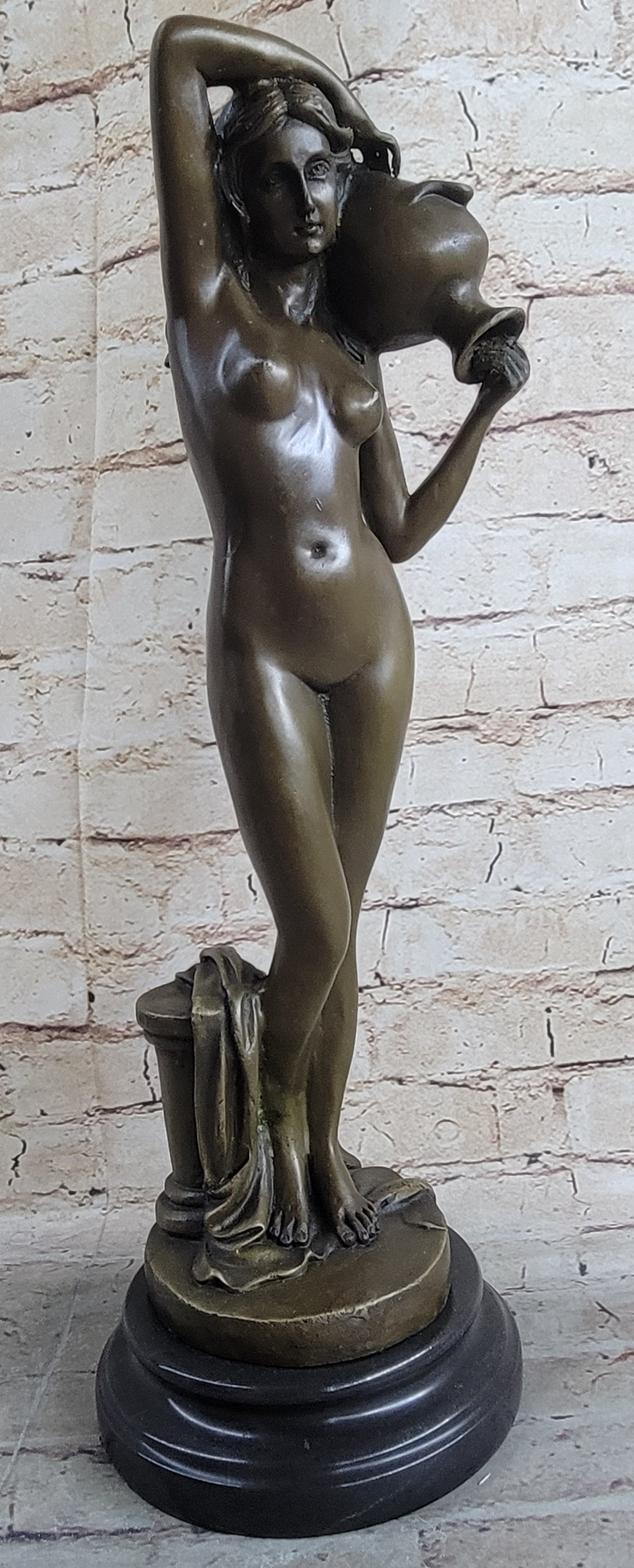 Signed Milo Nude Woman Holding A Vase bronze Marble Base Sculpture