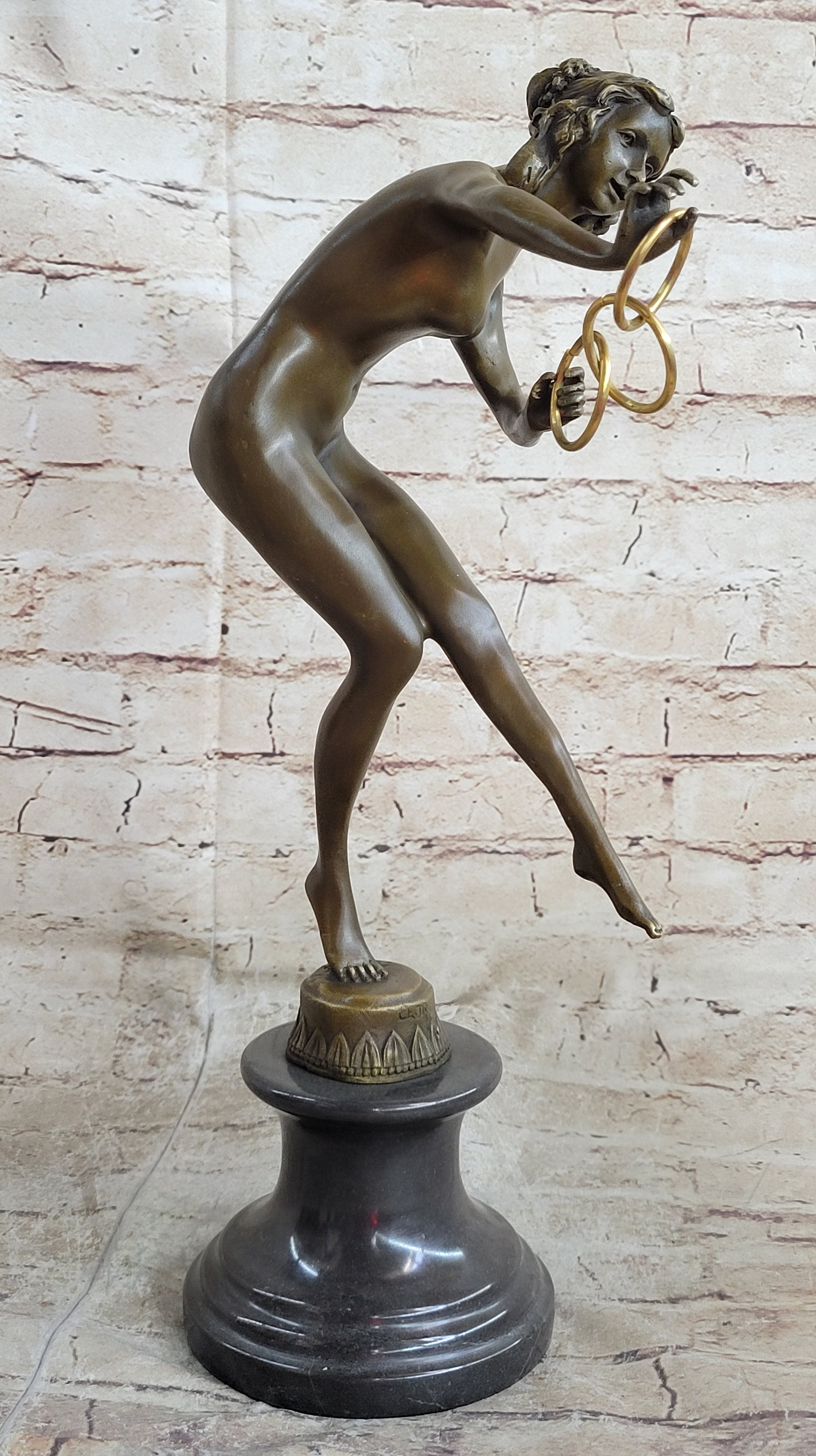 Signed Nude Acrobat Lady Bronze Sculpture Marble Statue Art Deco Hot Cast Figure