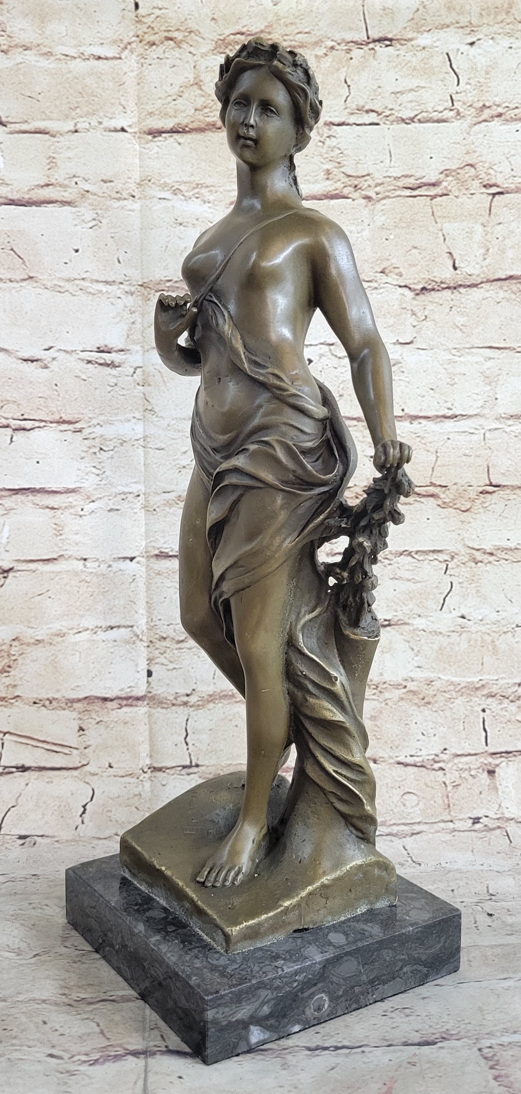 Signed Moreaue Royal Roman Goddess Picking Flowers Bronze Art