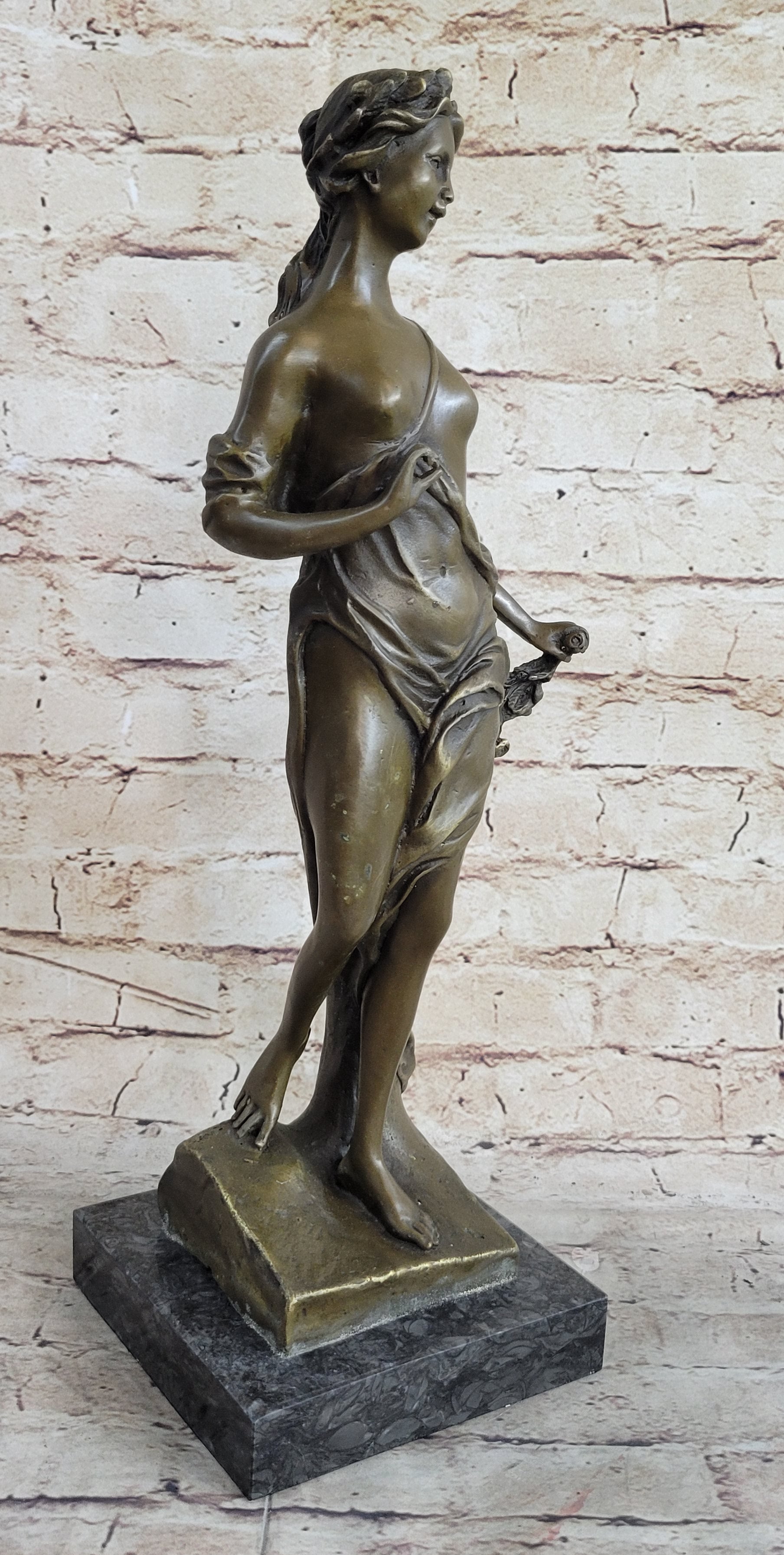 Signed Moreaue Royal Roman Goddess Picking Flowers Bronze Art