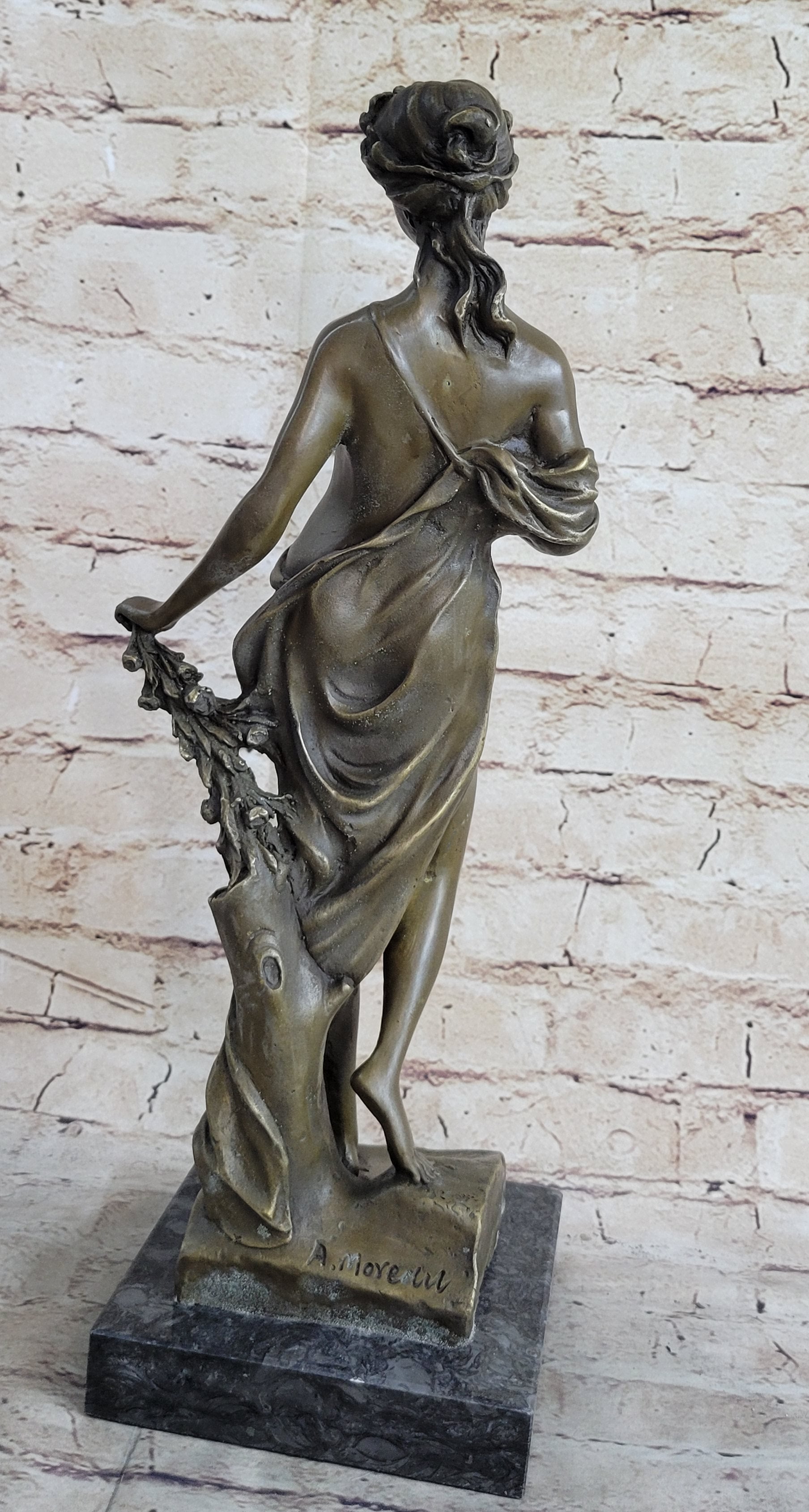 Signed Moreaue Royal Roman Goddess Picking Flowers Bronze Art