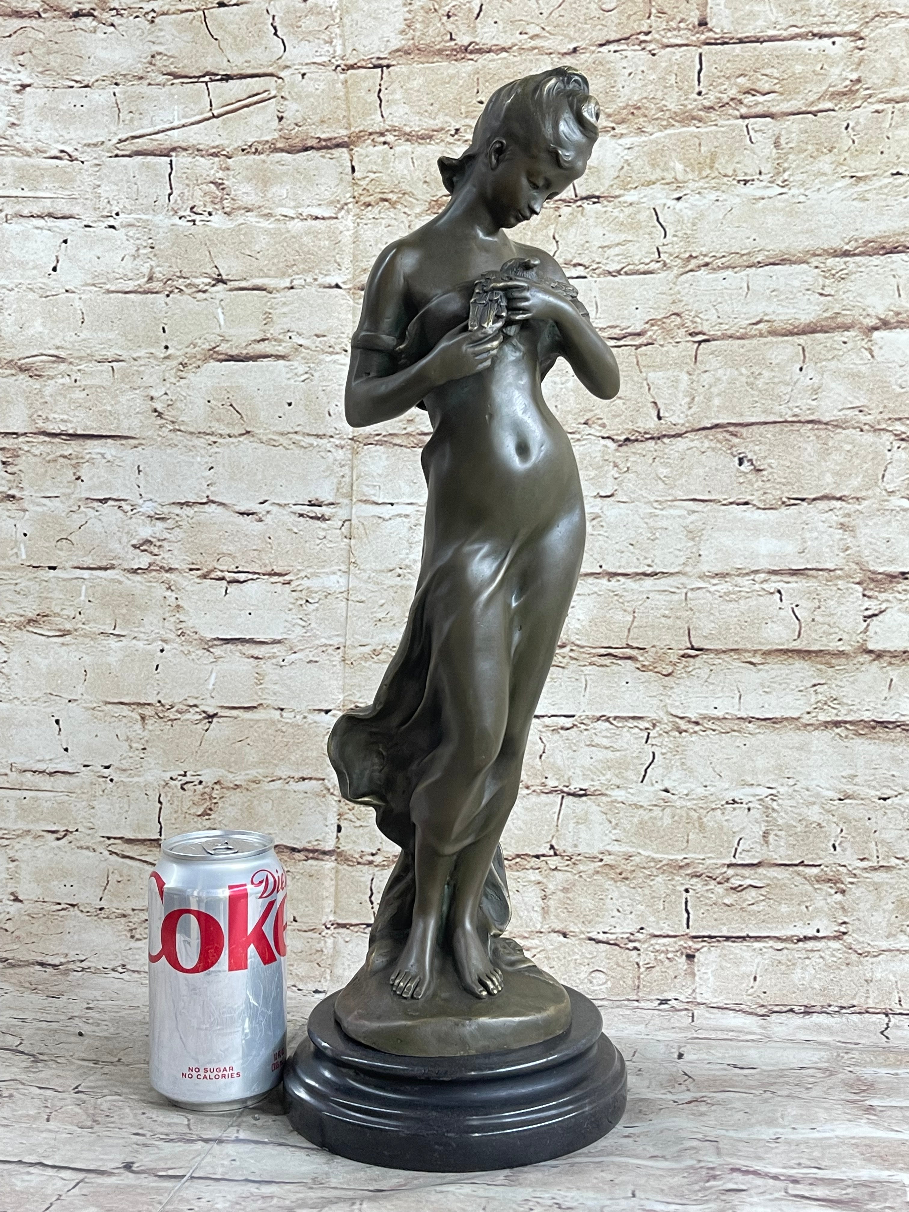 Signed Art by Jean Patou Woman w/ Bird Bronze Sculpture