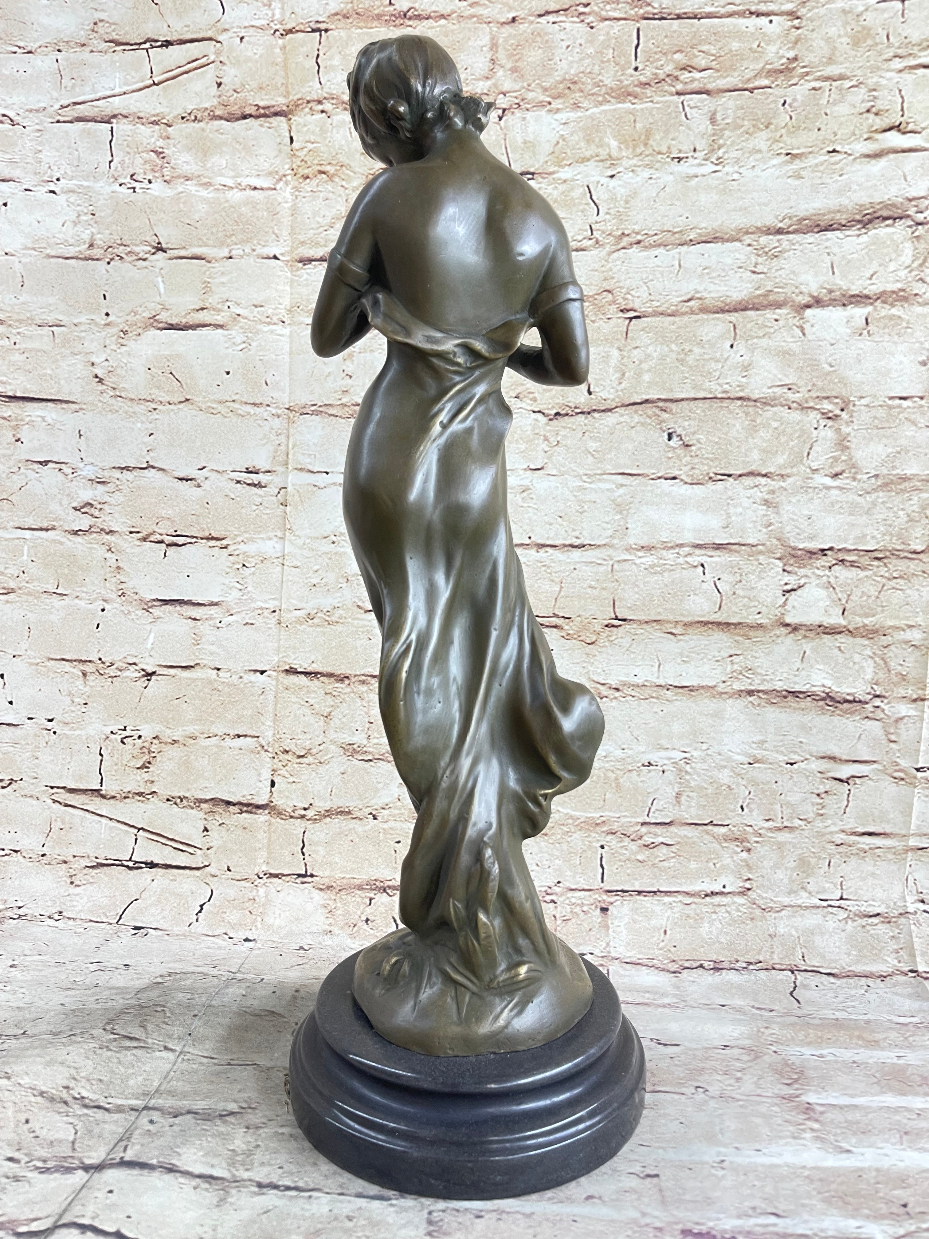 Signed Art by Jean Patou Woman w/ Bird Bronze Sculpture