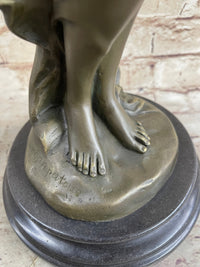 Signed Art by Jean Patou Woman w/ Bird Bronze Sculpture