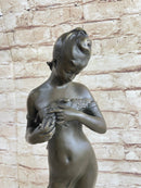 Signed Art by Jean Patou Woman w/ Bird Bronze Sculpture