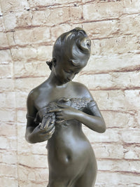 Signed Art by Jean Patou Woman w/ Bird Bronze Sculpture