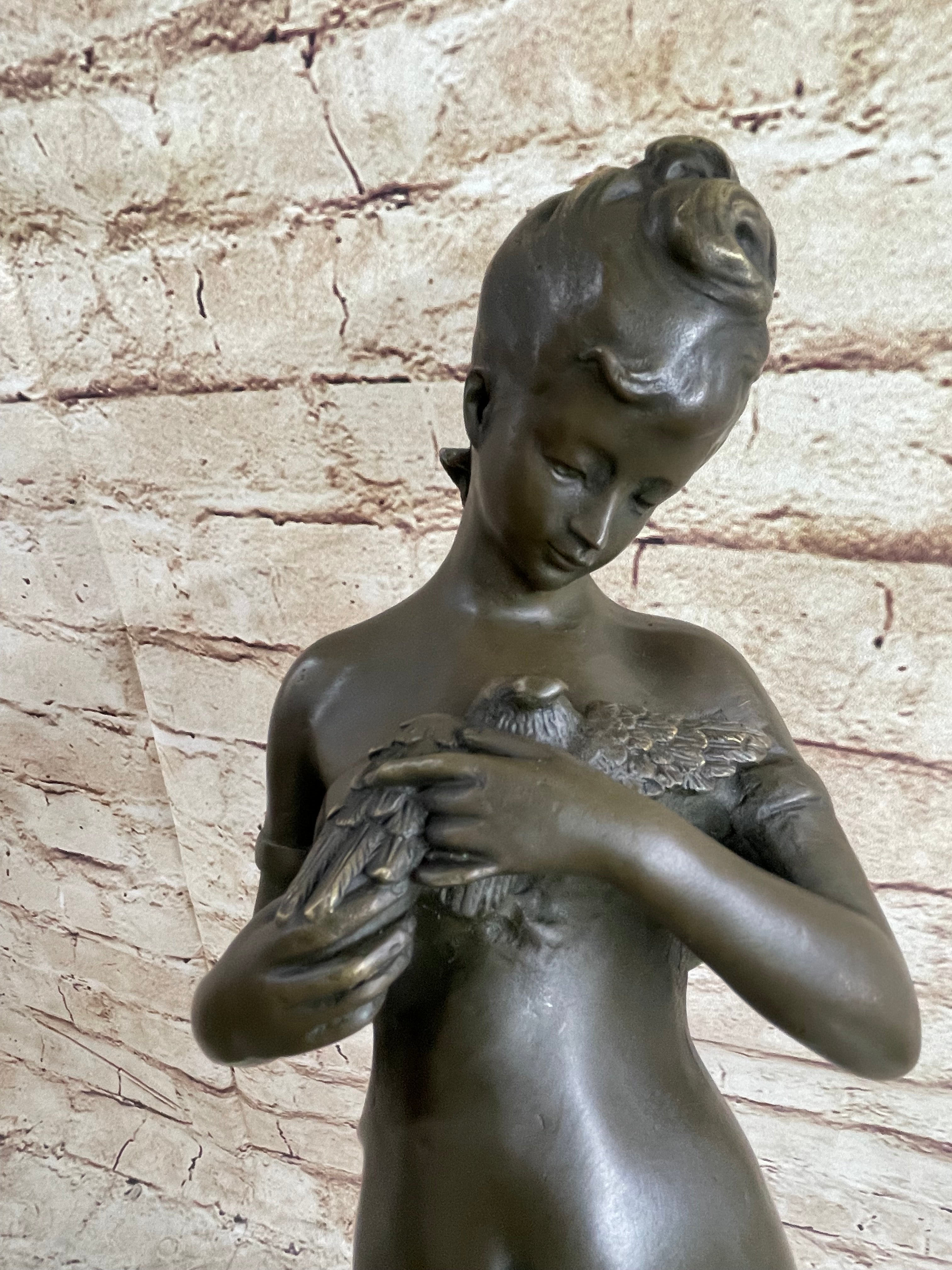 Signed Art by Jean Patou Woman w/ Bird Bronze Sculpture