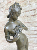 Signed Art by Jean Patou Woman w/ Bird Bronze Sculpture