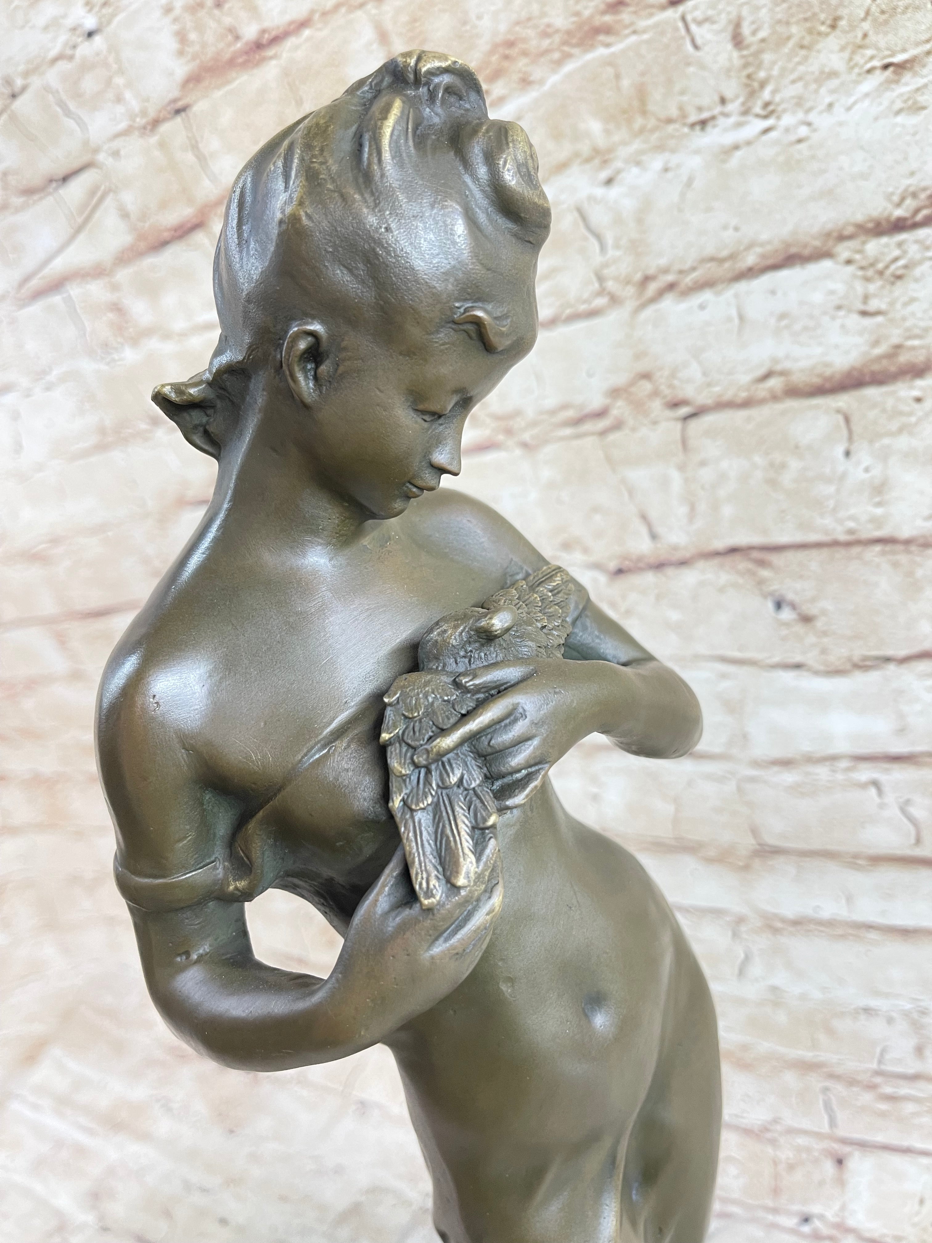 Signed Art by Jean Patou Woman w/ Bird Bronze Sculpture