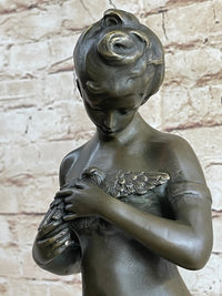 Signed Art by Jean Patou Woman w/ Bird Bronze Sculpture