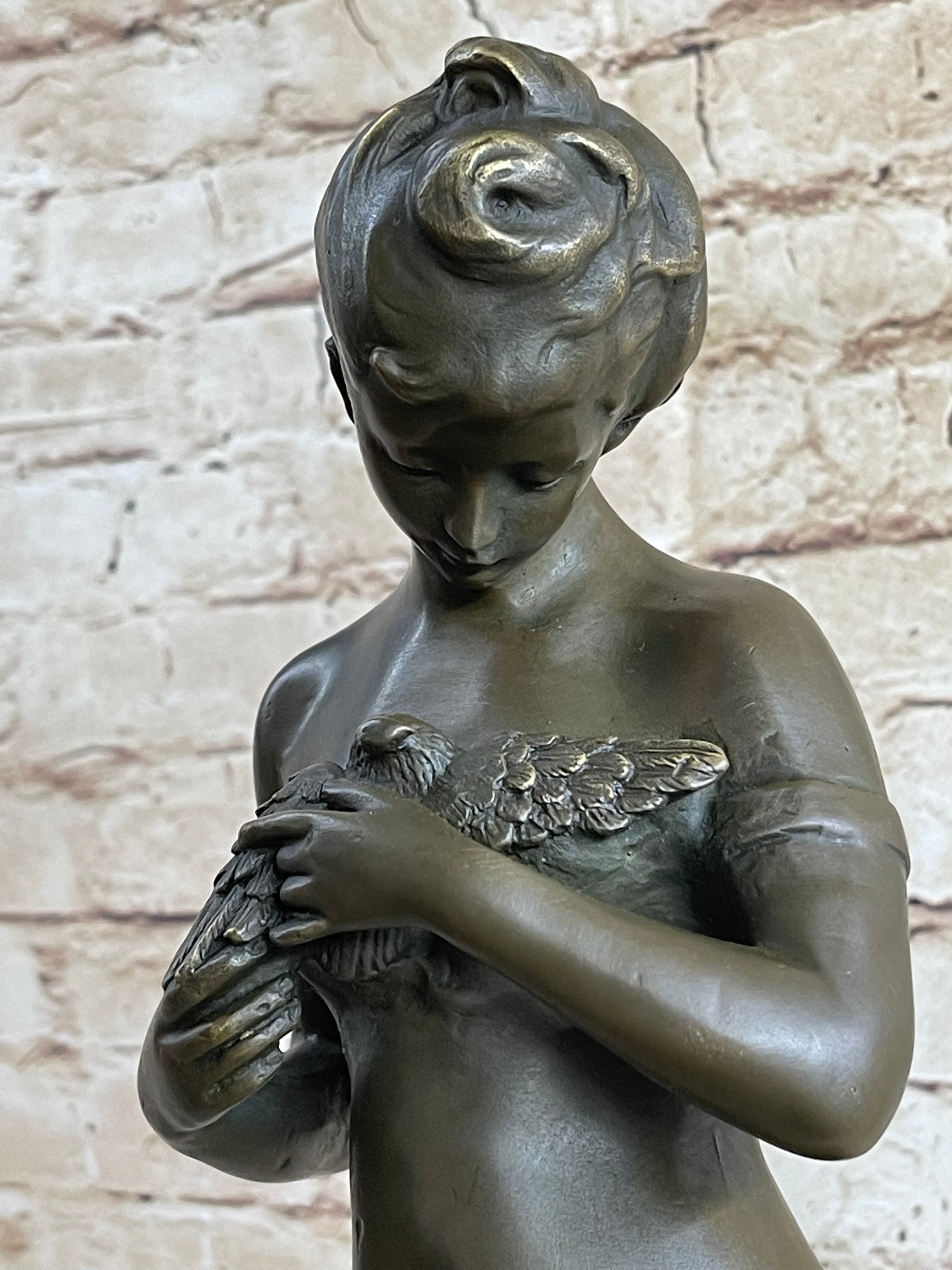 Signed Art by Jean Patou Woman w/ Bird Bronze Sculpture