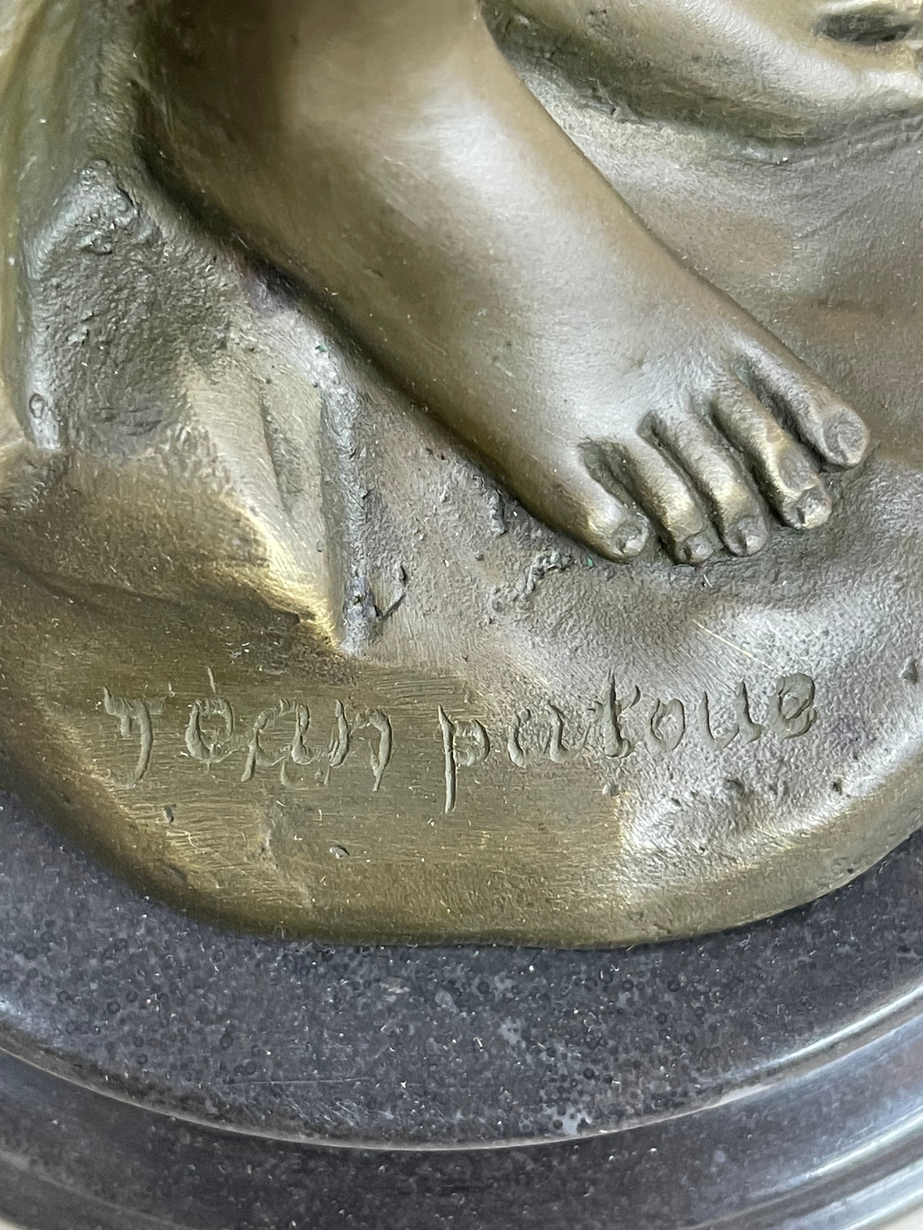Signed Art by Jean Patou Woman w/ Bird Bronze Sculpture