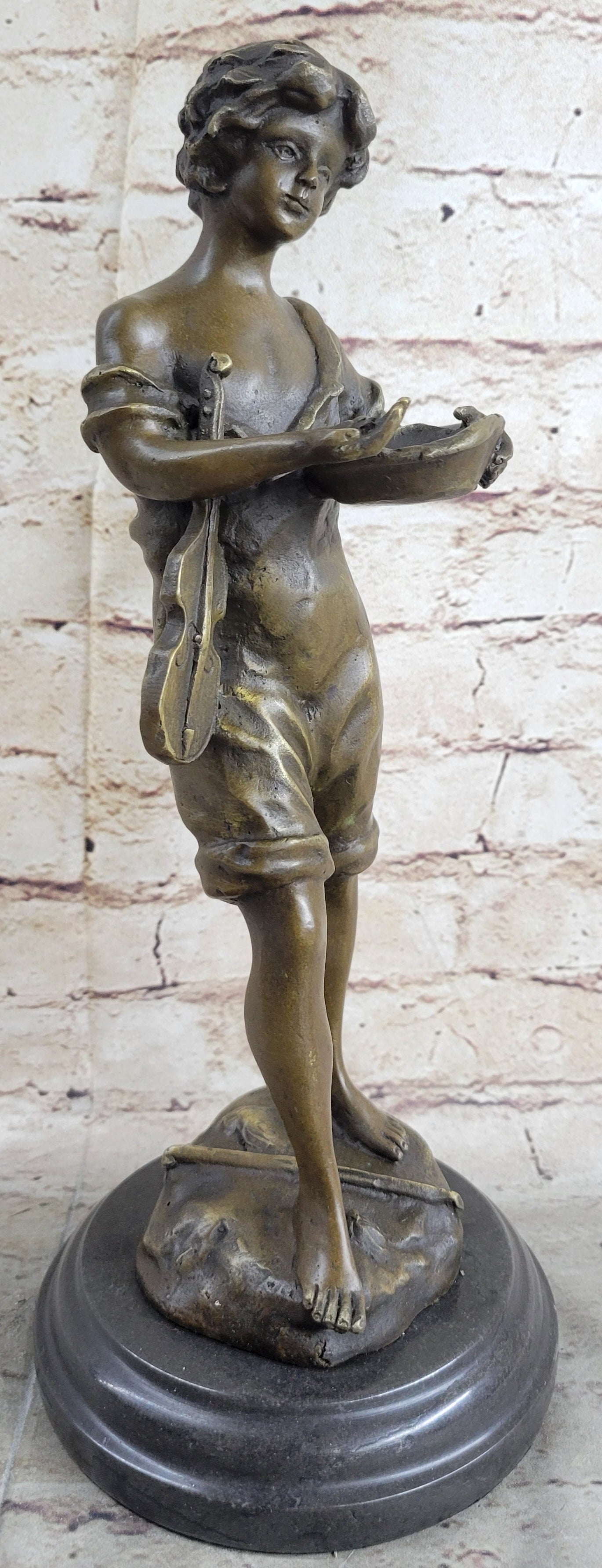 100% Solid Bronze Sculpture Boy and Violin